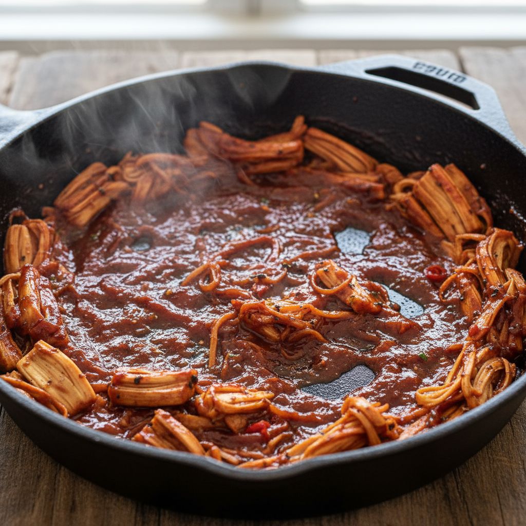 Close-up of saucy shredded jackfruit simmering and reducing in a cast-iron skillet—glossy, sticky BBQ coating, spice-spe