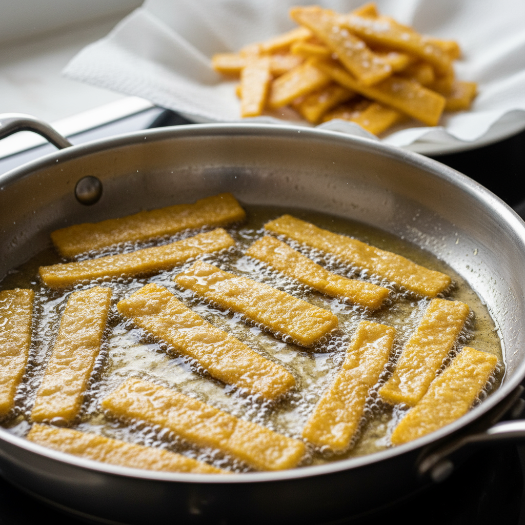 Cooking process close-up: golden corn tortilla strips frying in a shallow skillet of shimmering oil, edges blistered and