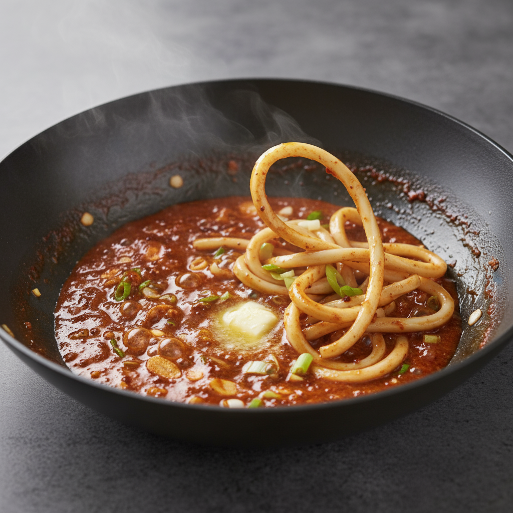 Food photography, Cooking process close-up: glossy gochujang-garlic sauce bubbling in a hot wok as thick udon are tossed