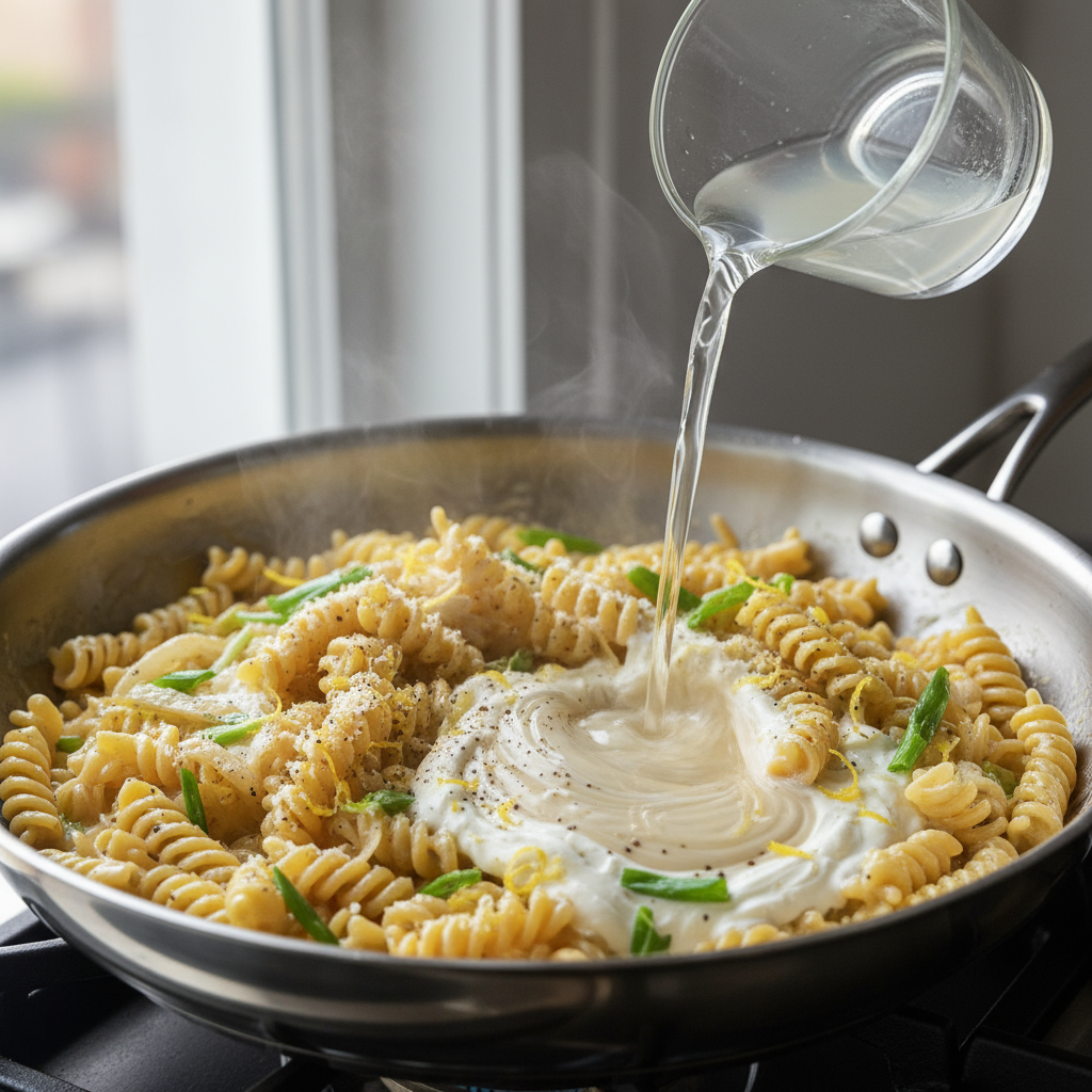 Food photography, Cooking process, 45-degree close-up: fusilli being tossed in a wide stainless skillet off heat, glossy