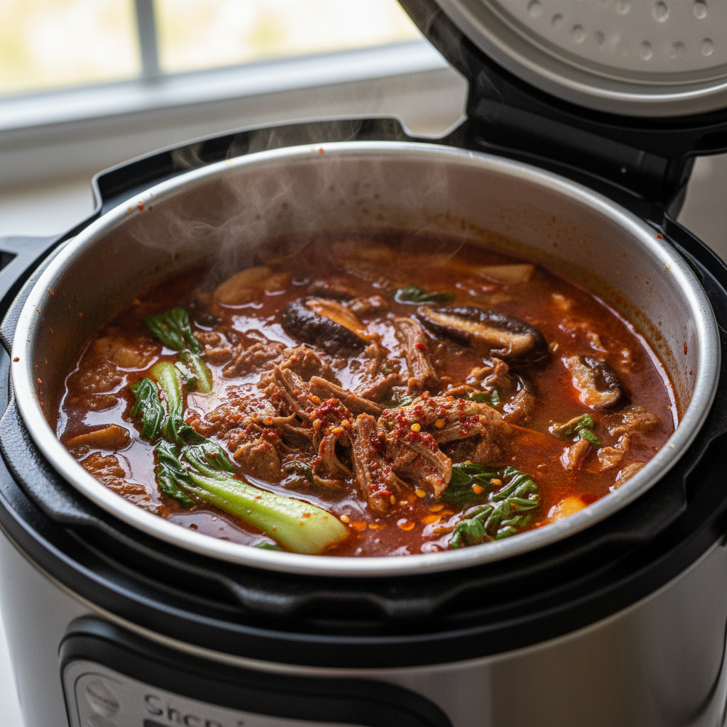 Food photography, 1. Close-up cooking process: Instant Pot simmering spicy short rib soup with shredded beef, shiitake m