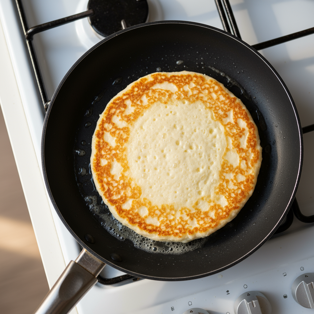 1. Overhead shot of a single 5–6 inch cottage cheese pancake cooking in a small nonstick skillet: edges set with bubbles
