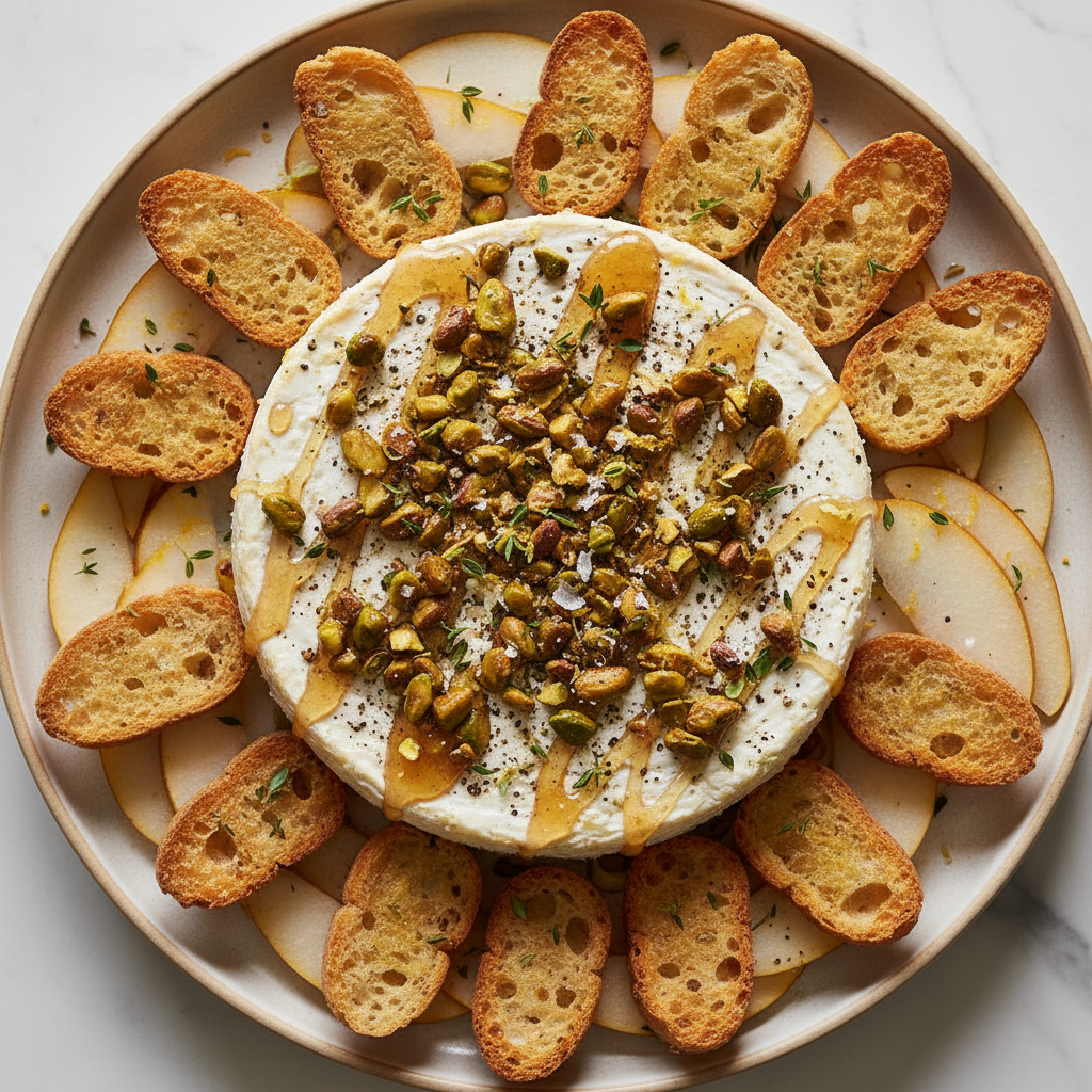 1. Overhead of assembled Boursin wheel topped with toasted pistachios, glossy warm honey zigzag, thyme leaves, micro lem