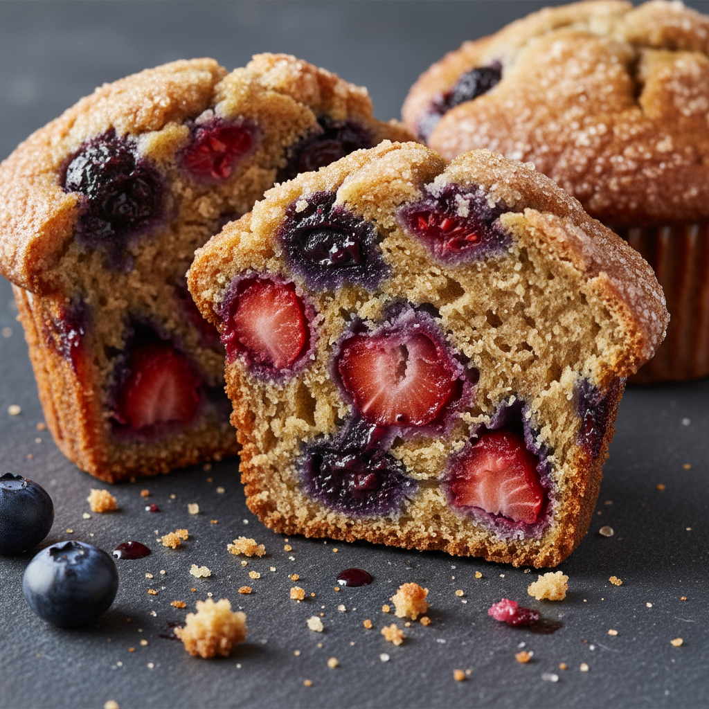 Macro close-up of a split mixed berry muffin showing moist, tender crumb with juicy blueberry, raspberry, and strawberry
