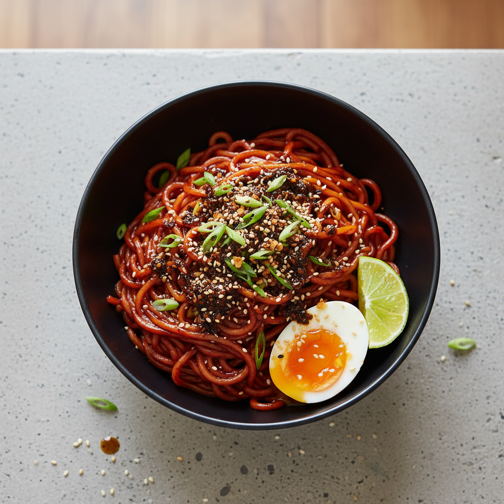 Food photography, Overhead final dish: Gochujang Garlic Spicy Noodles twirled in a matte black bowl, deep-red sticky-sli
