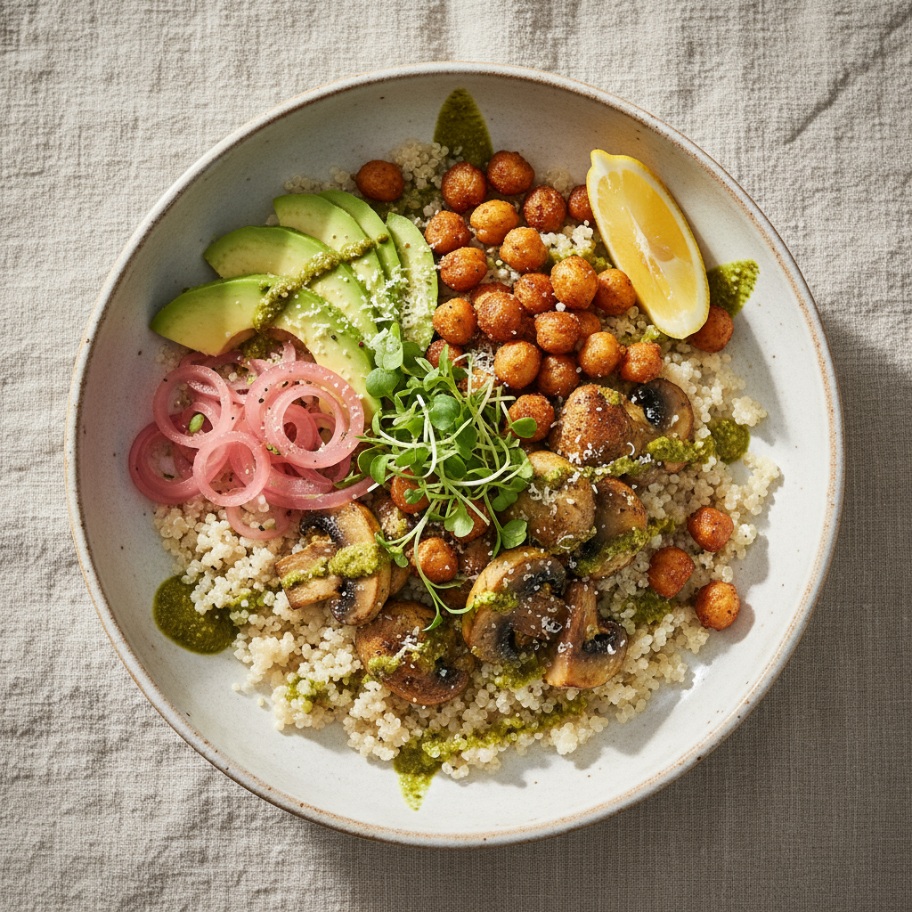 2. Overhead of the final mushroom quinoa bowl: fluffy quinoa base, pesto-tossed golden mushrooms, crunchy cumin-roasted