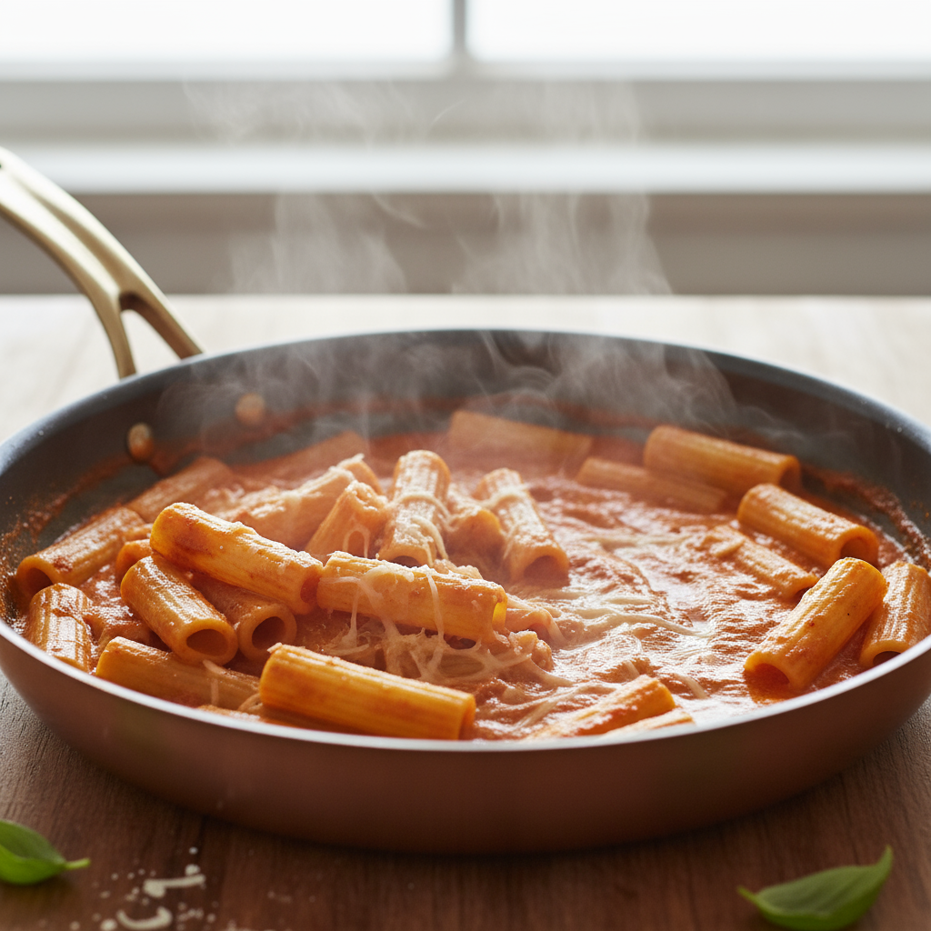 2. Cooking process: al dente rigatoni being folded into the roasted red pepper sauce in a wide skillet, starchy pasta wa