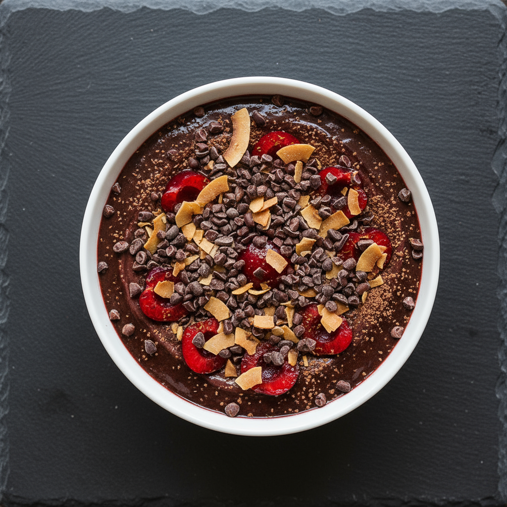 2. Overhead final presentation: smoothie bowl version with dark chocolate-cherry base, topped with cacao nibs, sliced ch