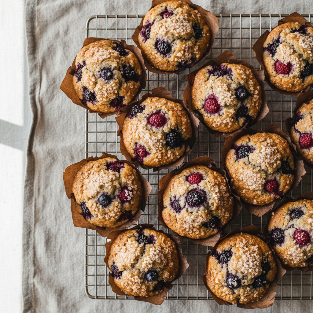 Overhead shot of a wire rack filled with bakery-style domed mixed berry muffins, golden tops freckled with berries and b