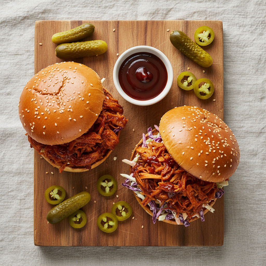 Overhead shot of two assembled BBQ jackfruit sandwiches with one open-faced half showing juicy shreds and slaw layers; t