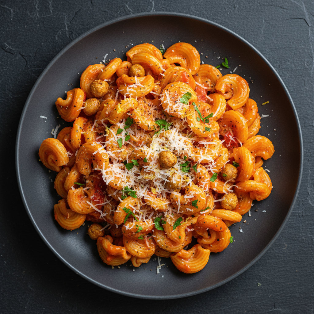 3. Tasty top view: overhead shot of the final plated roasted red pepper pasta—glossy orange-red sauce clinging to ridged