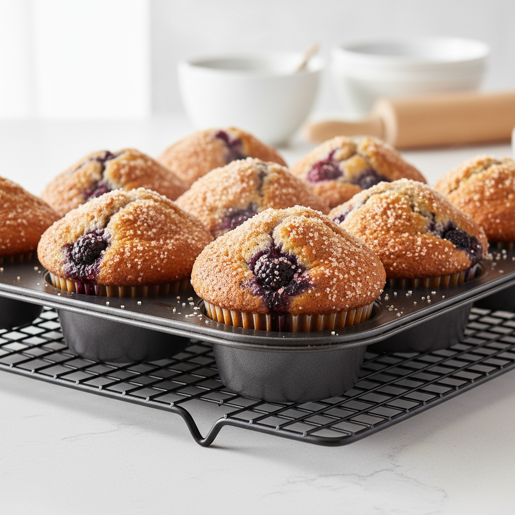 Process shot: just-baked mixed berry muffins resting in the muffin tin on a cooling rack, tall crowns from the 425F star