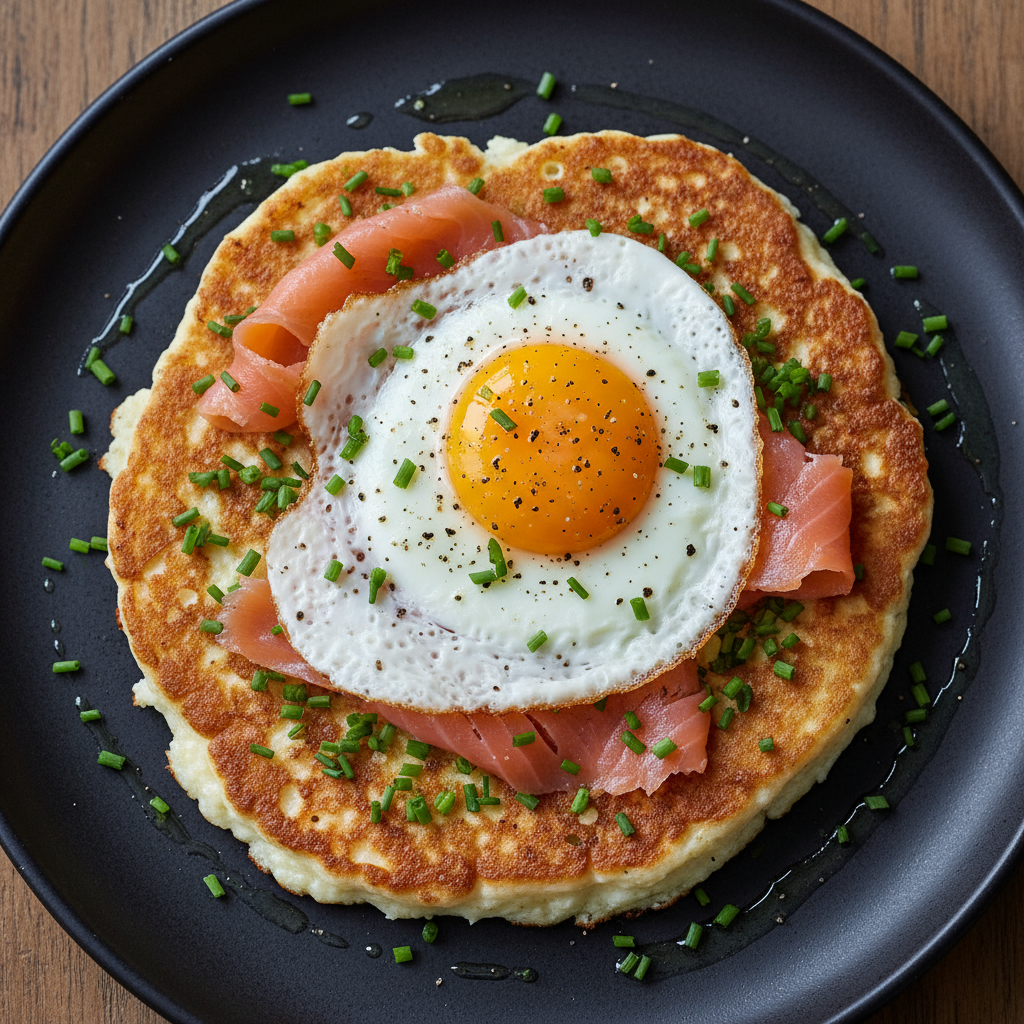 4. Savory variation top view: single cottage cheese pancake topped with chives, cracked black pepper, smoked salmon ribb