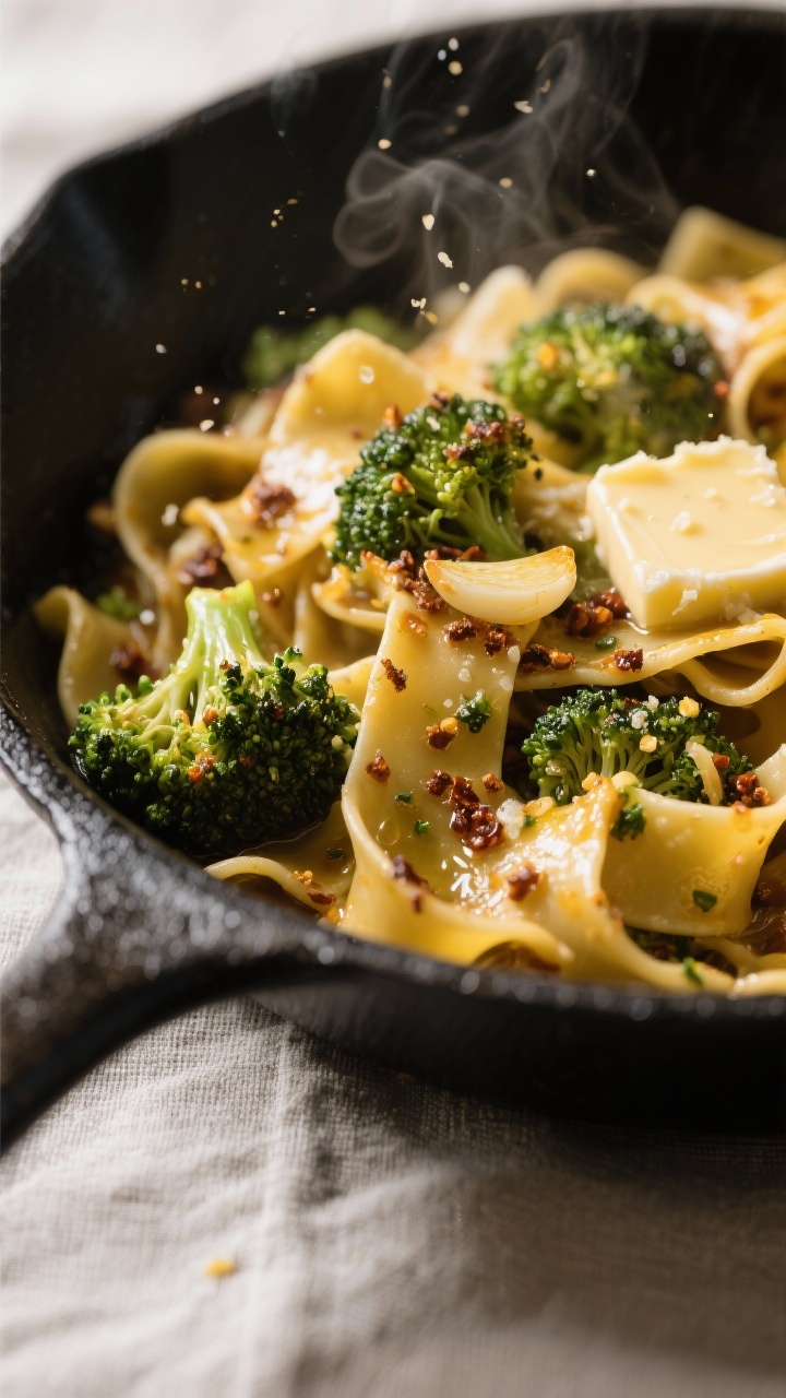 Close-up detail shot of pappardelle tossed with smashed broccoli in a skillet during the emulsify/ma