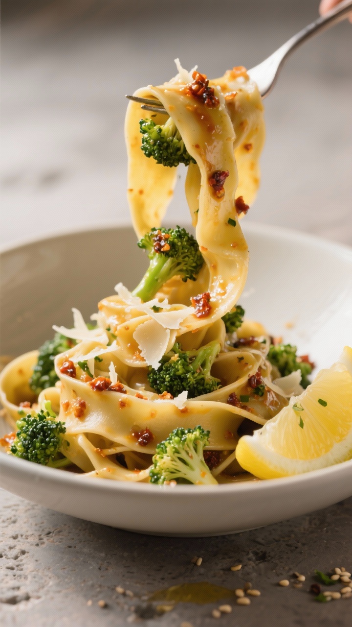 Restaurant-quality final presentation, 3/4 angle close-up: a twirl of pappardelle lifted slightly ab