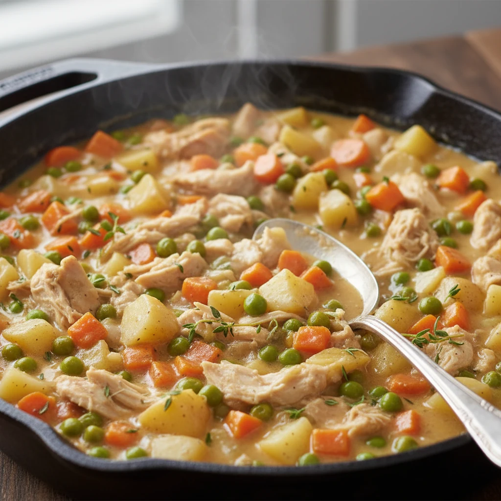 Food photography, Close-up of thick, glossy chicken pot pie filling in a cast-iron skillet—shredded chicken, peas, diced