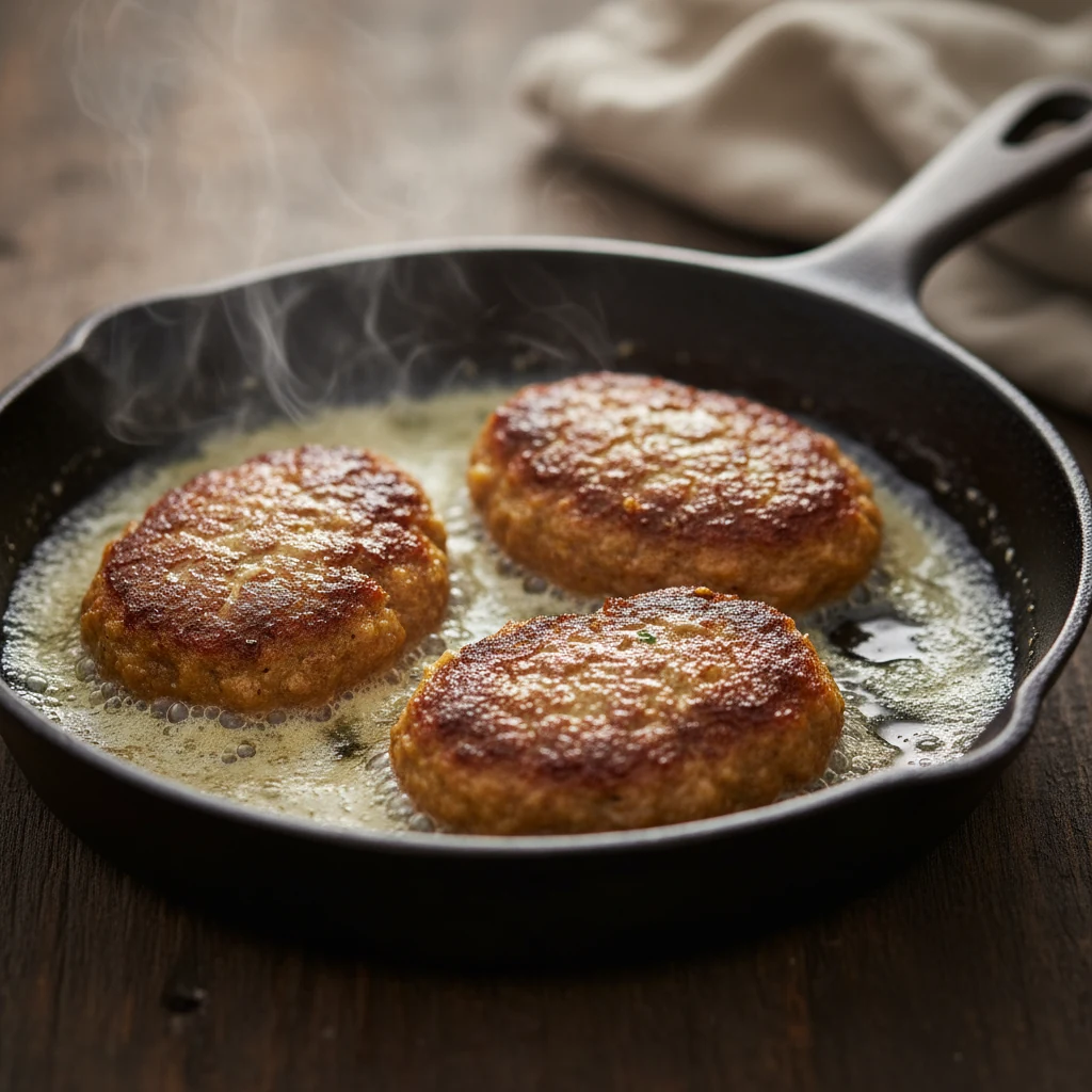 Food photography, Macro close-up of galouti kebabs pan-frying in ghee in a cast-iron skillet: 1/2-inch patties with deep