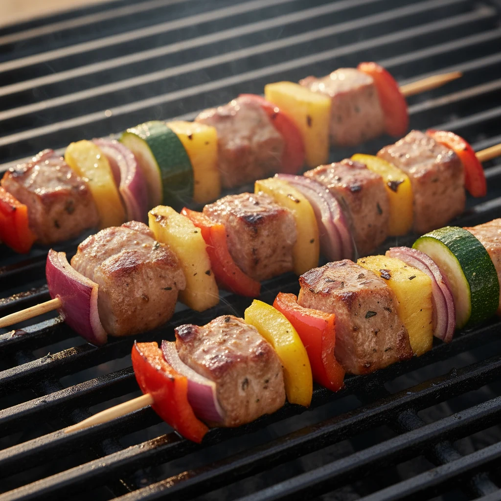 Food photography, Close-up of cooked pork shoulder kebabs sizzling on a grill over two-zone heat, char-kissed edges and