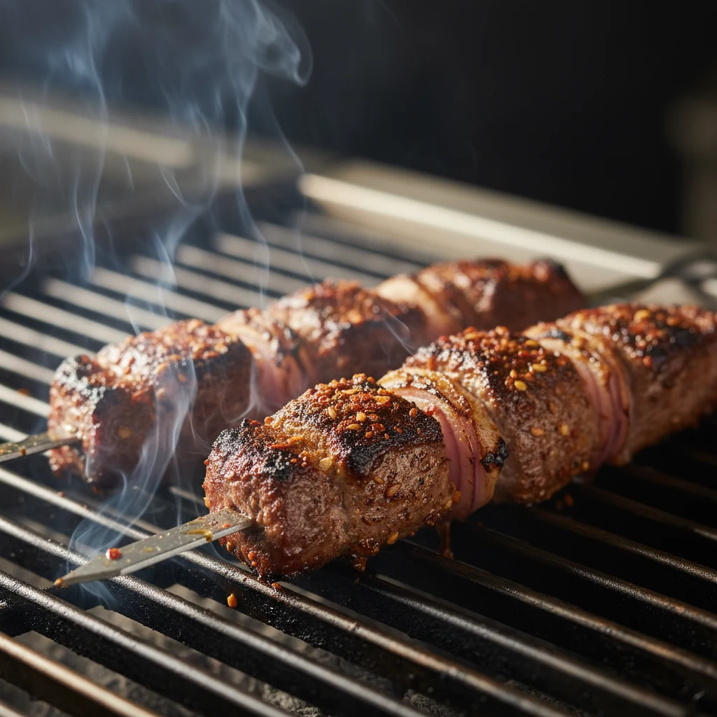 Food photography, Close-up of grilled lamb kebabs on metal skewers, lamb cubes with deep char and glistening juices, spi