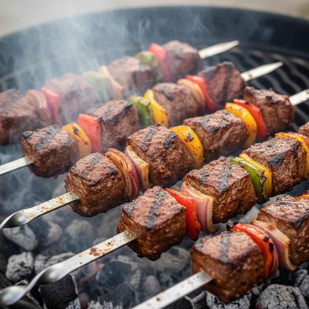Food photography, Close-up of cooked beef kebab skewers searing over high direct heat on a charcoal grill: 1.25–1.5-inch