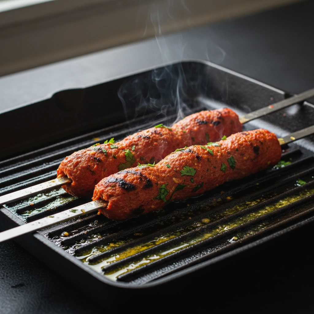 Food photography, 1. Close-up cooking process: seekh kebabs on flat metal skewers searing on a ripping-hot cast-iron gri