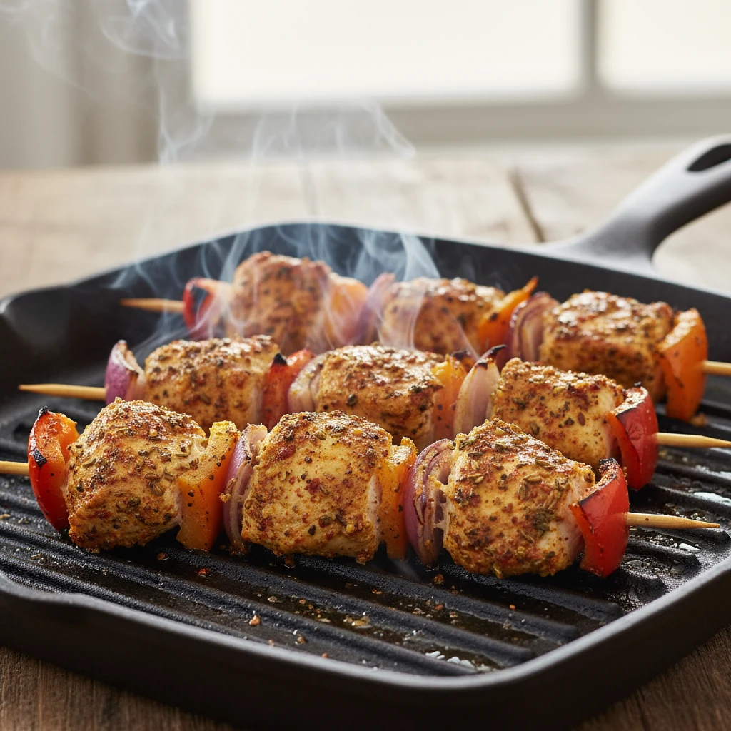 Food photography, Close-up of sizzling chicken thigh kebab skewers on a cast-iron grill pan, yogurt-spice crust (paprika