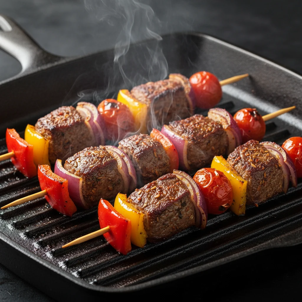 Food photography, Close-up of beef kebab skewers sizzling on a ripping-hot cast-iron grill pan: 1.25-inch sirloin cubes 