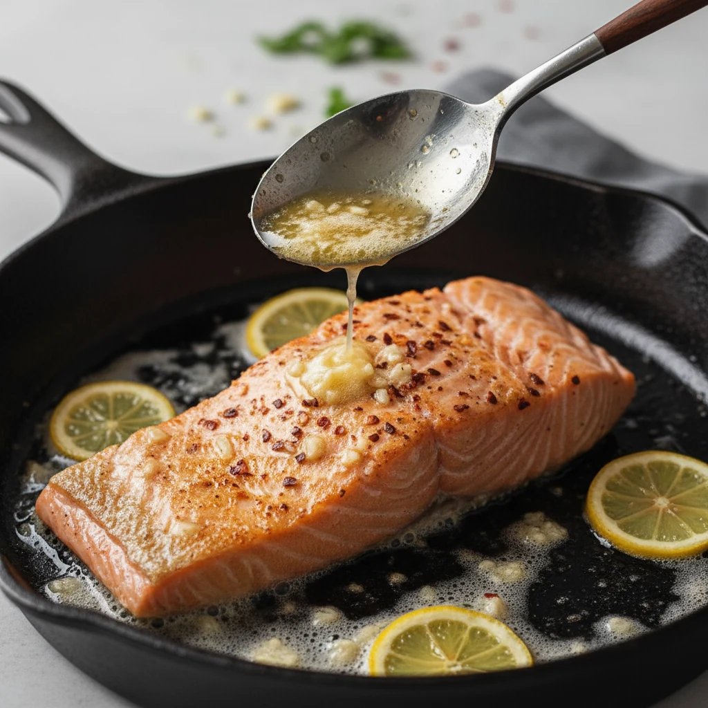 Food photography, Close-up of salmon fillet skin-side down searing in cast-iron: shatter-crisp skin, color creeping up t