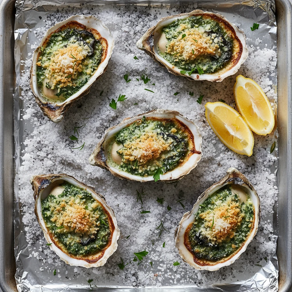 Food photography, Overhead shot of oysters Rockefeller just out of the broiler: deep half-shells nested in a coarse salt