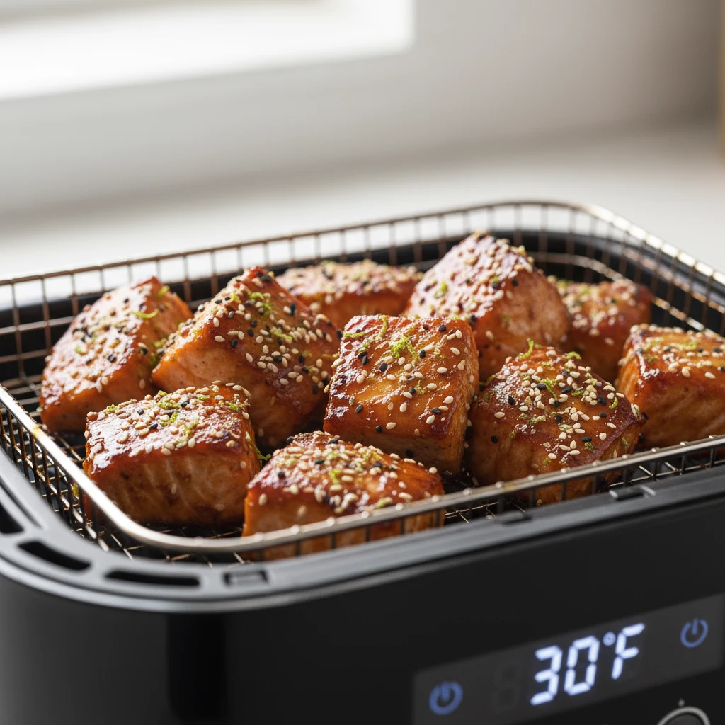 Food photography, Close-up of caramelized gochujang-lime salmon bites in an air fryer basket at 390°F, lacquered with re