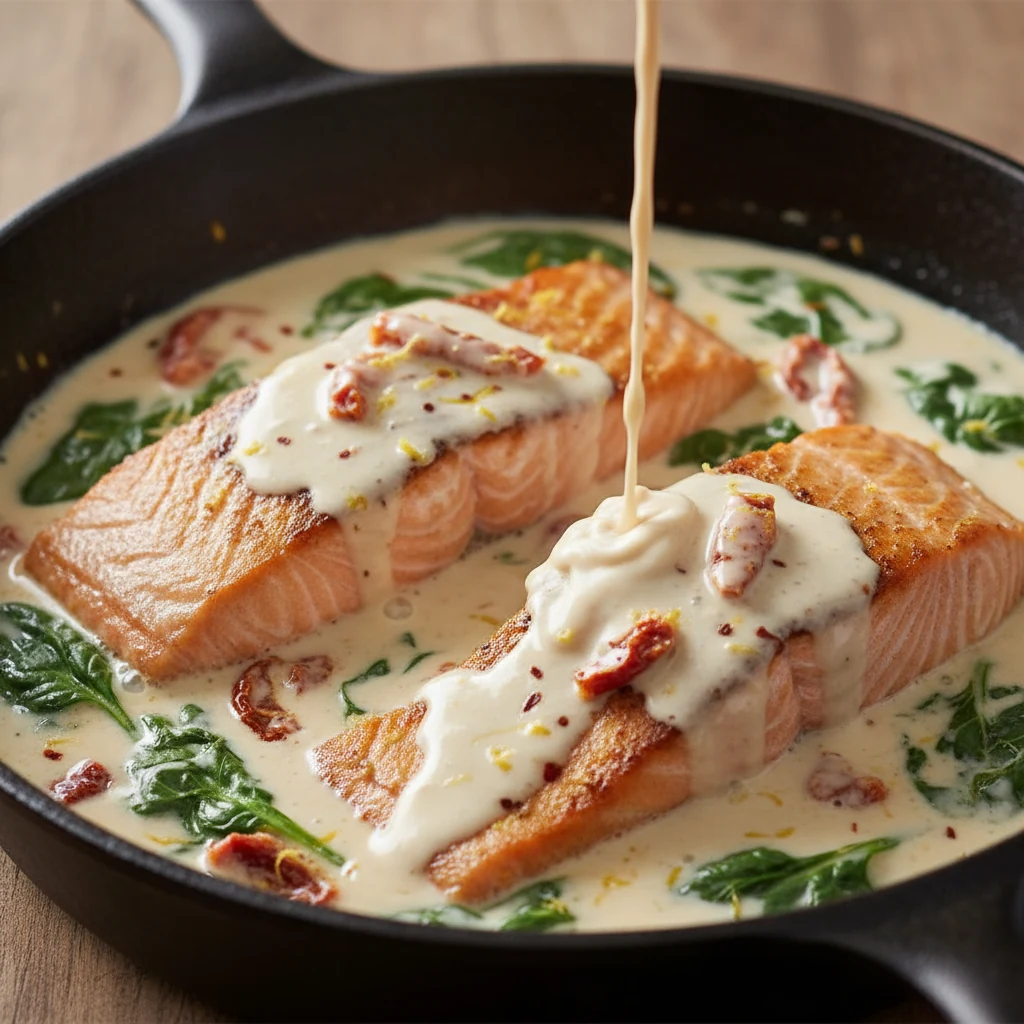 Food photography, Close-up, 3/4 angle: seared skin-on salmon fillets in a skillet at a gentle simmer, crisp golden skin 
