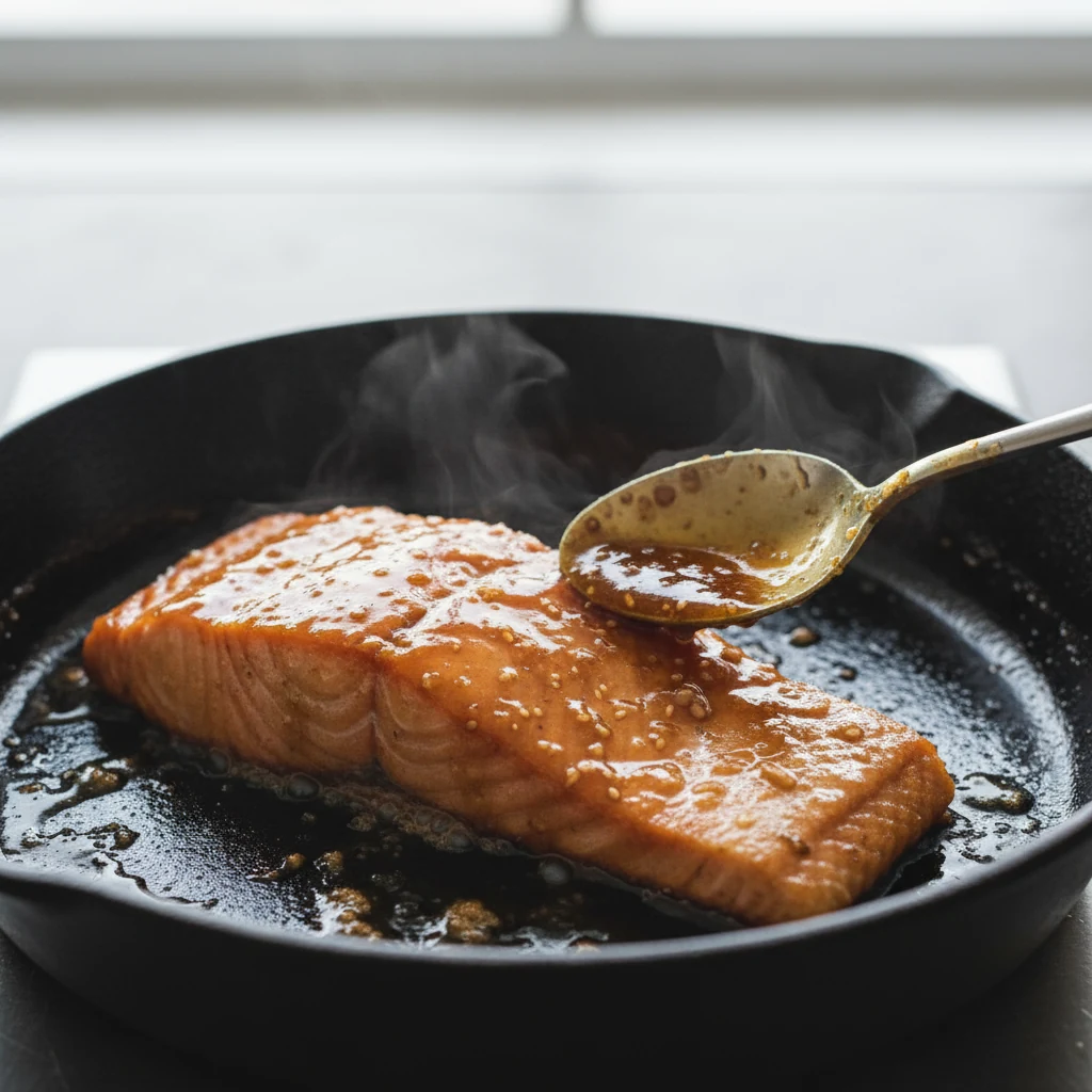 Food photography, 1. Close-up of skillet-seared salmon mid-baste as a soy–mirin–brown sugar teriyaki glaze bubbles and r