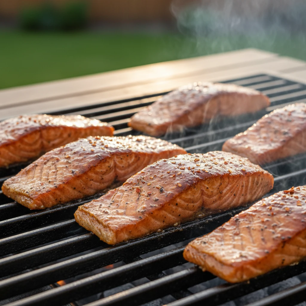 Food photography, Close-up of skin-on salmon fillets searing on hot grill grates, crisp skin and lightly charred edges, 
