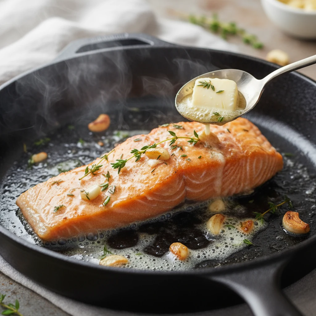Food photography, 1. Close-up of pan-seared salmon skin-side down during butter basting: glass-crisp golden skin, foamin