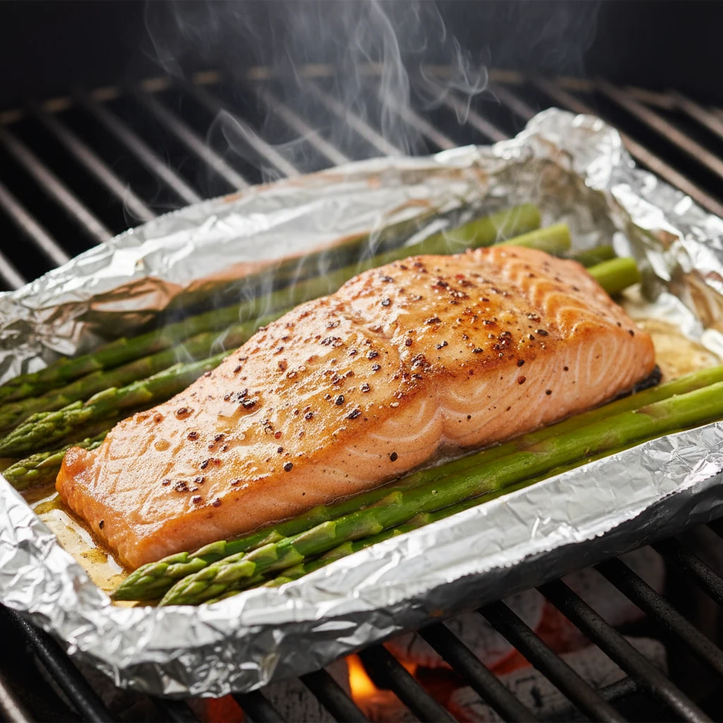 Food photography, Close-up of a just-opened foil packet on a hot grill, steam rising off a cooked salmon fillet glazed w
