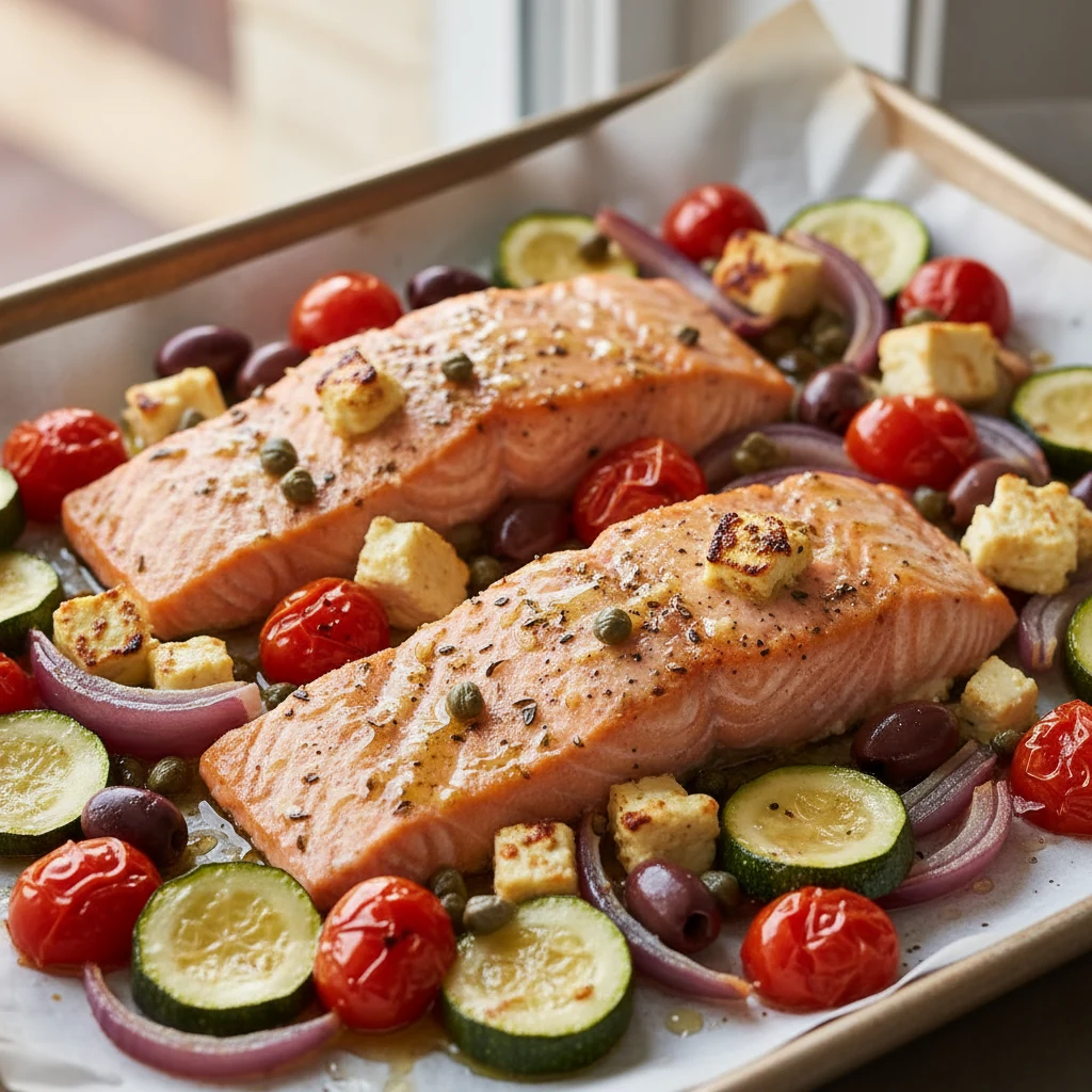 Food photography, 1. Close-up of the cooked sheet-pan Mediterranean salmon: golden, flaky fillets skin-side down brushed