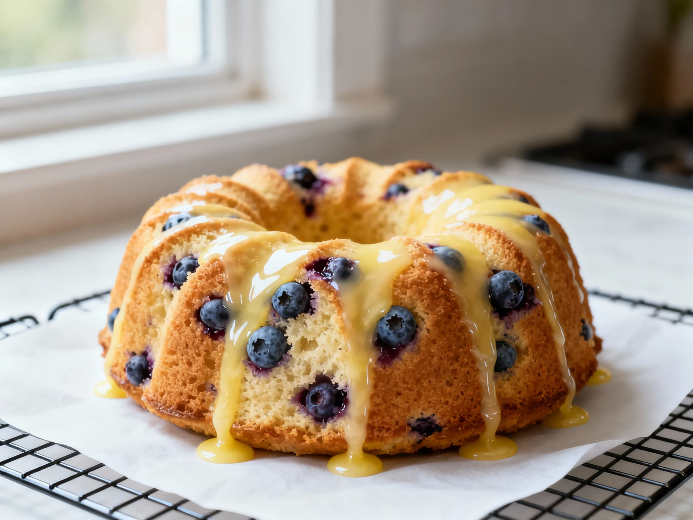 Food photography, Close-up of a freshly baked blueberry bundt cake on a wire rack as glossy, opaque lemon glaze cascades