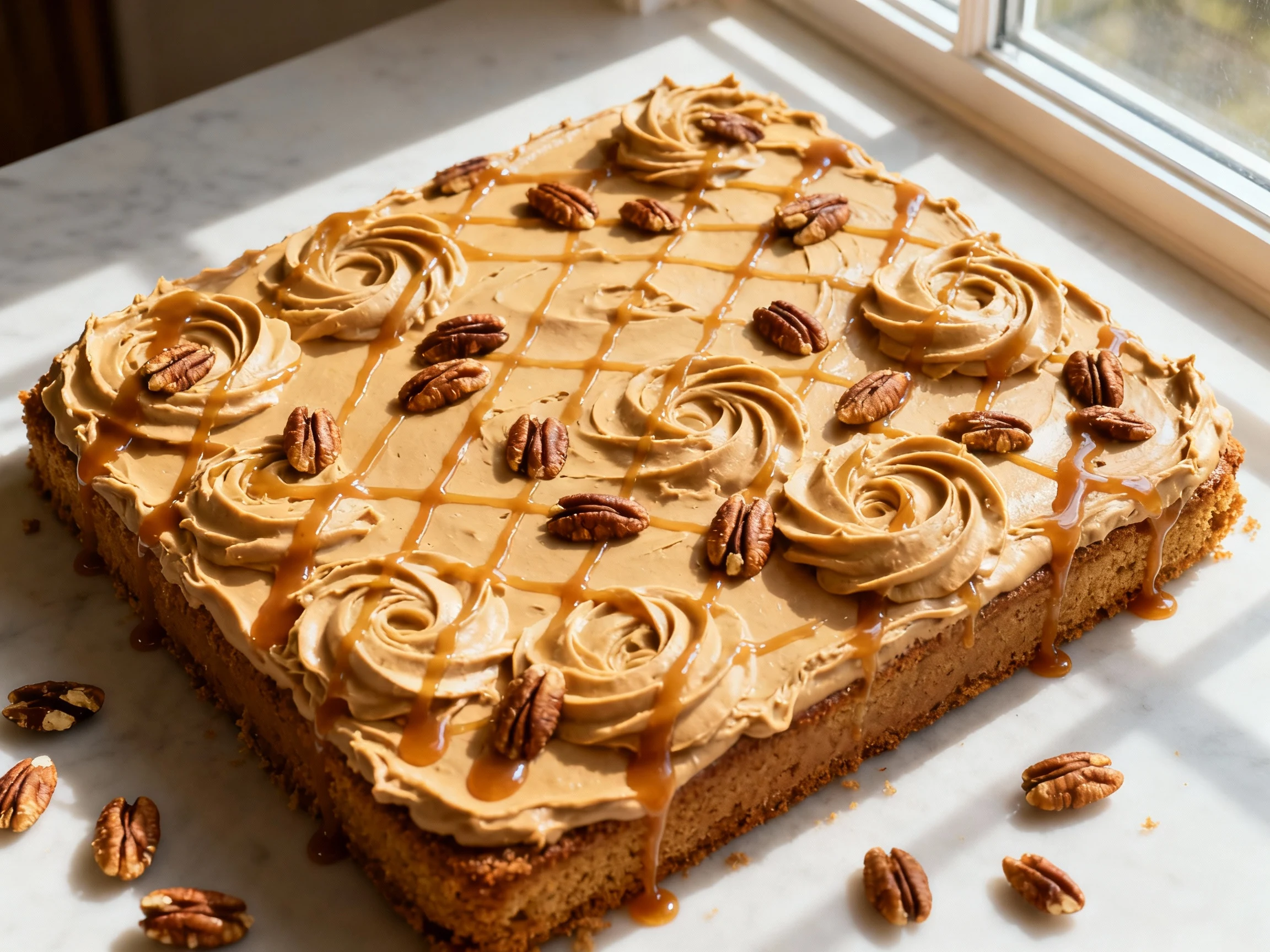 Food photography, Overhead shot of a cooled butter pecan sheet cake being finished: silky brown butter cream cheese fros