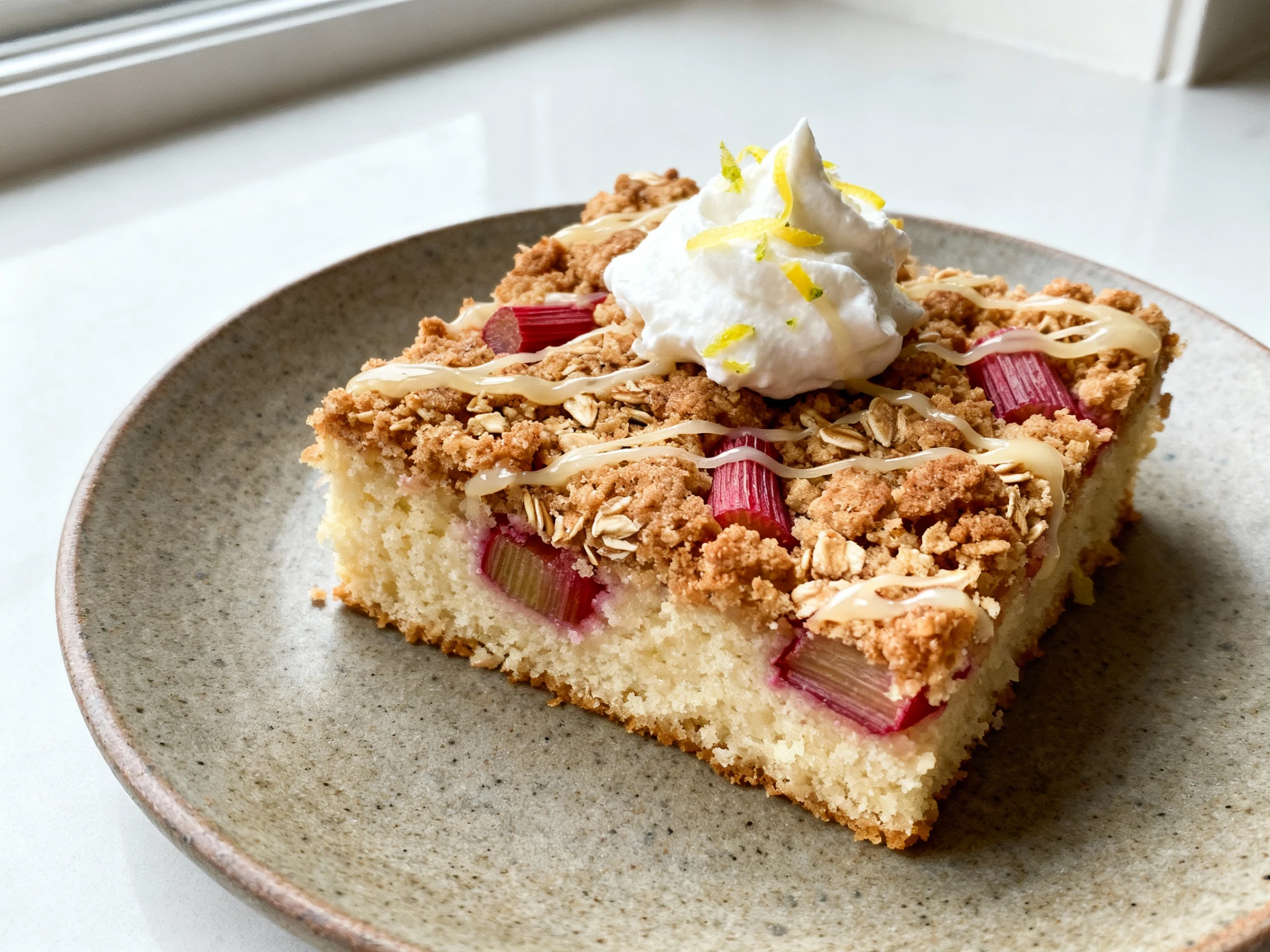 Food photography, Close-up of a sliced square of rhubarb streusel cake on a matte stoneware plate: crackly cinnamon–oat 