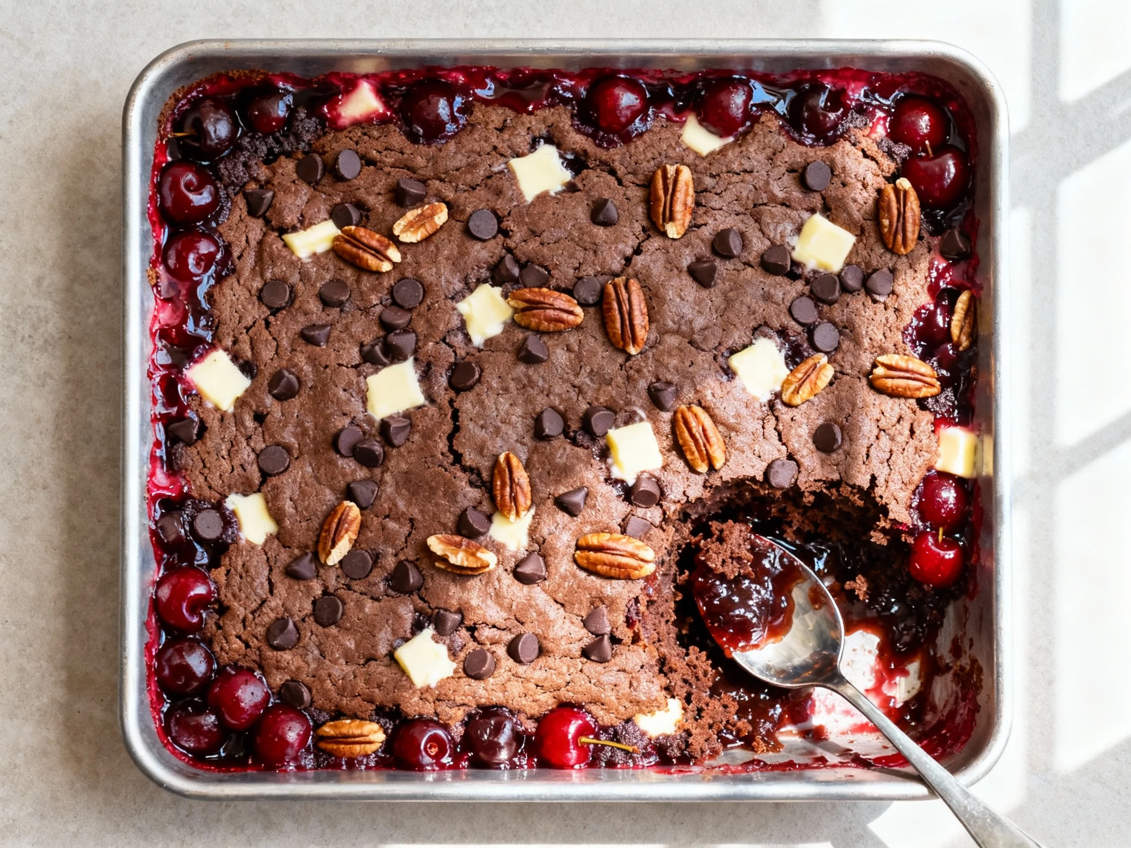 Food photography, Overhead shot of freshly baked chocolate-cherry dump cake in a 9x13 pan: cocoa-brown, cobbler-like cru