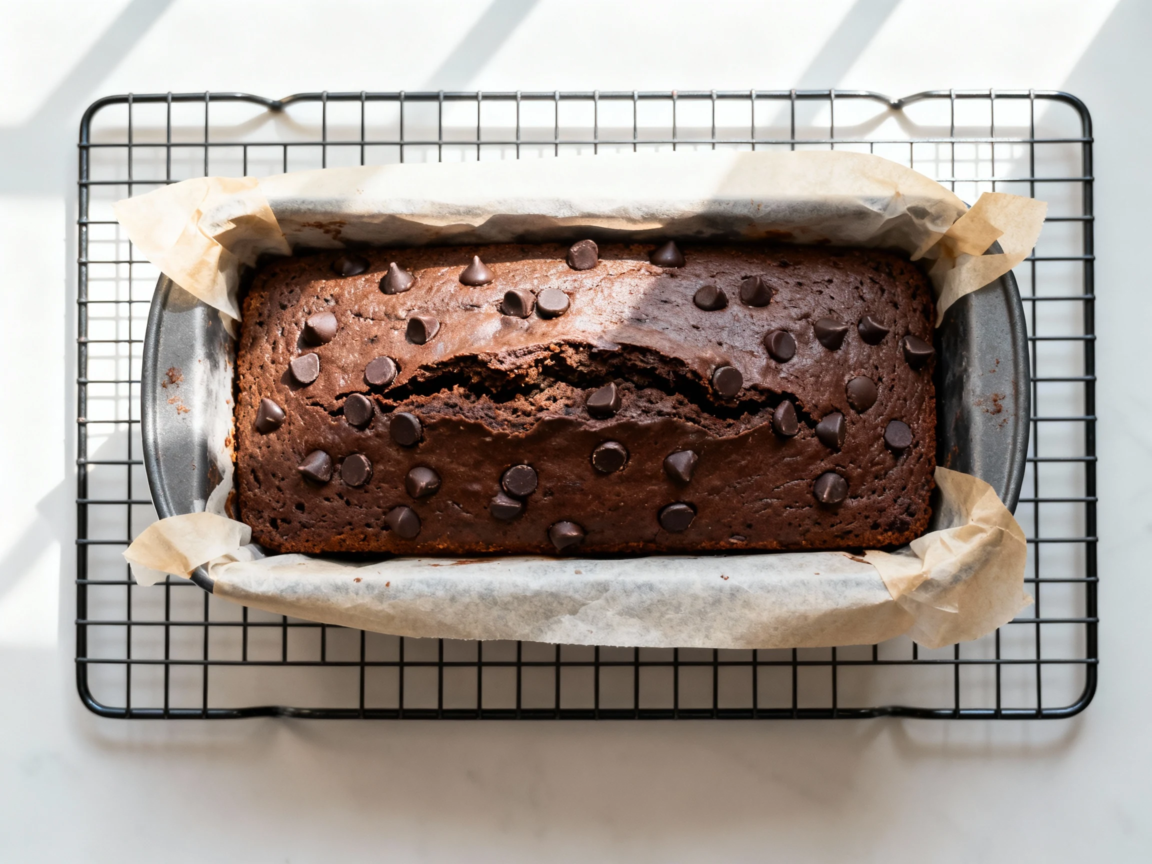 Food photography, 1. Overhead shot of freshly baked chocolate zucchini bread in a parchment-lined 9x5 loaf pan on a cool