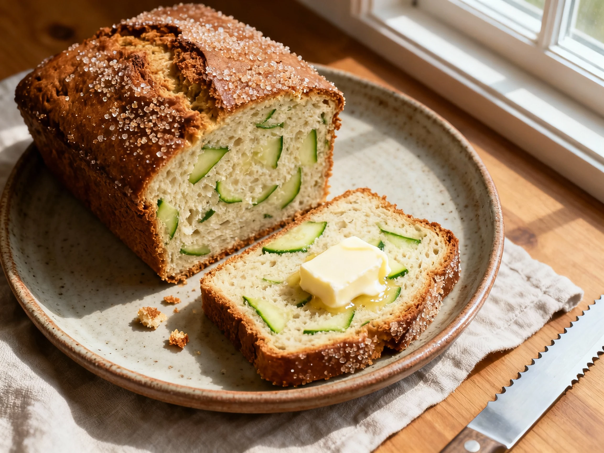 Food photography, Overhead shot of thick-sliced zucchini bread on a rustic ceramic plate, plush velvety crumb with green