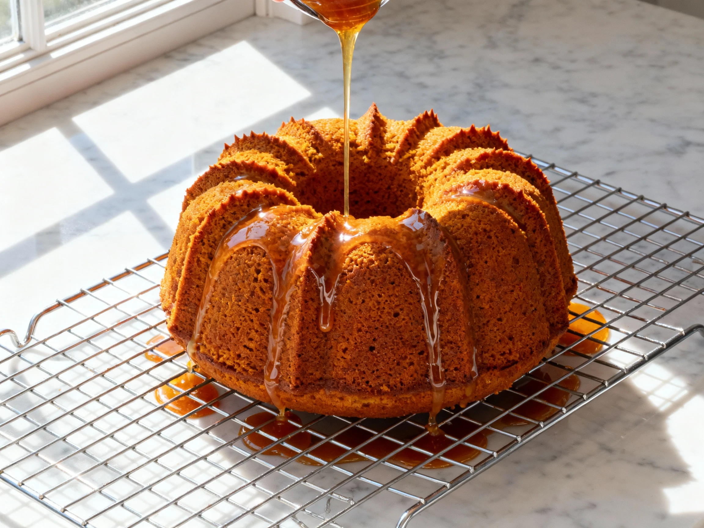 Food photography, 1. Overhead cooking-process shot of a freshly inverted pumpkin Bundt cake on a wire rack, deep-orange 