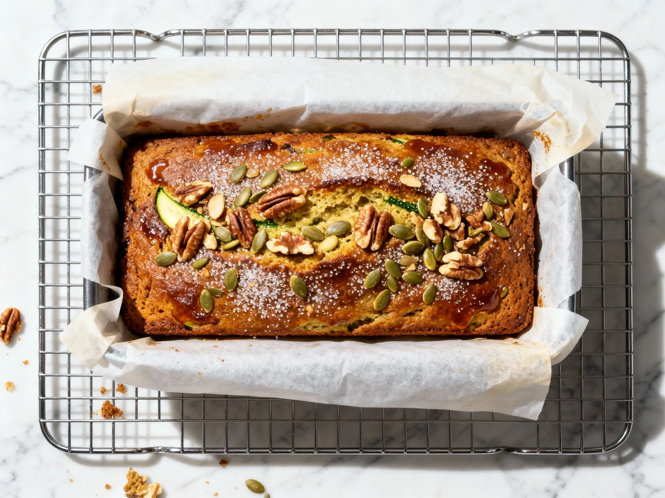 Food photography, Overhead shot of a freshly baked zucchini banana bread (Nutty Crunch variation) cooling on a wire rack