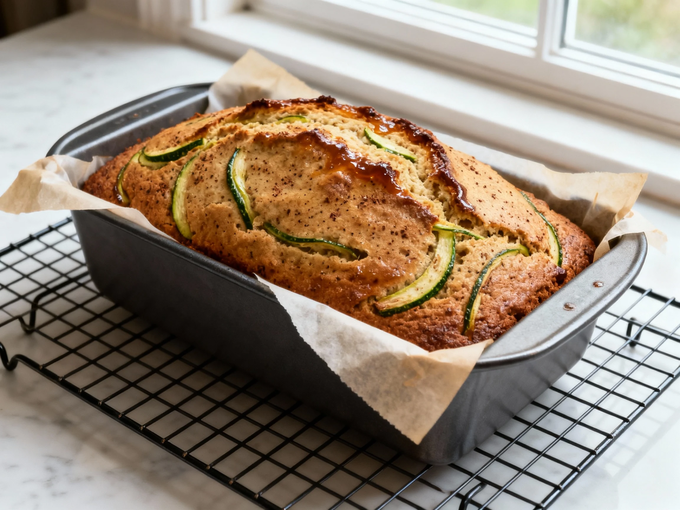 Food photography, 1. Close-up of freshly baked zucchini bread in a 9x5-inch pan lined with parchment overhang, resting o