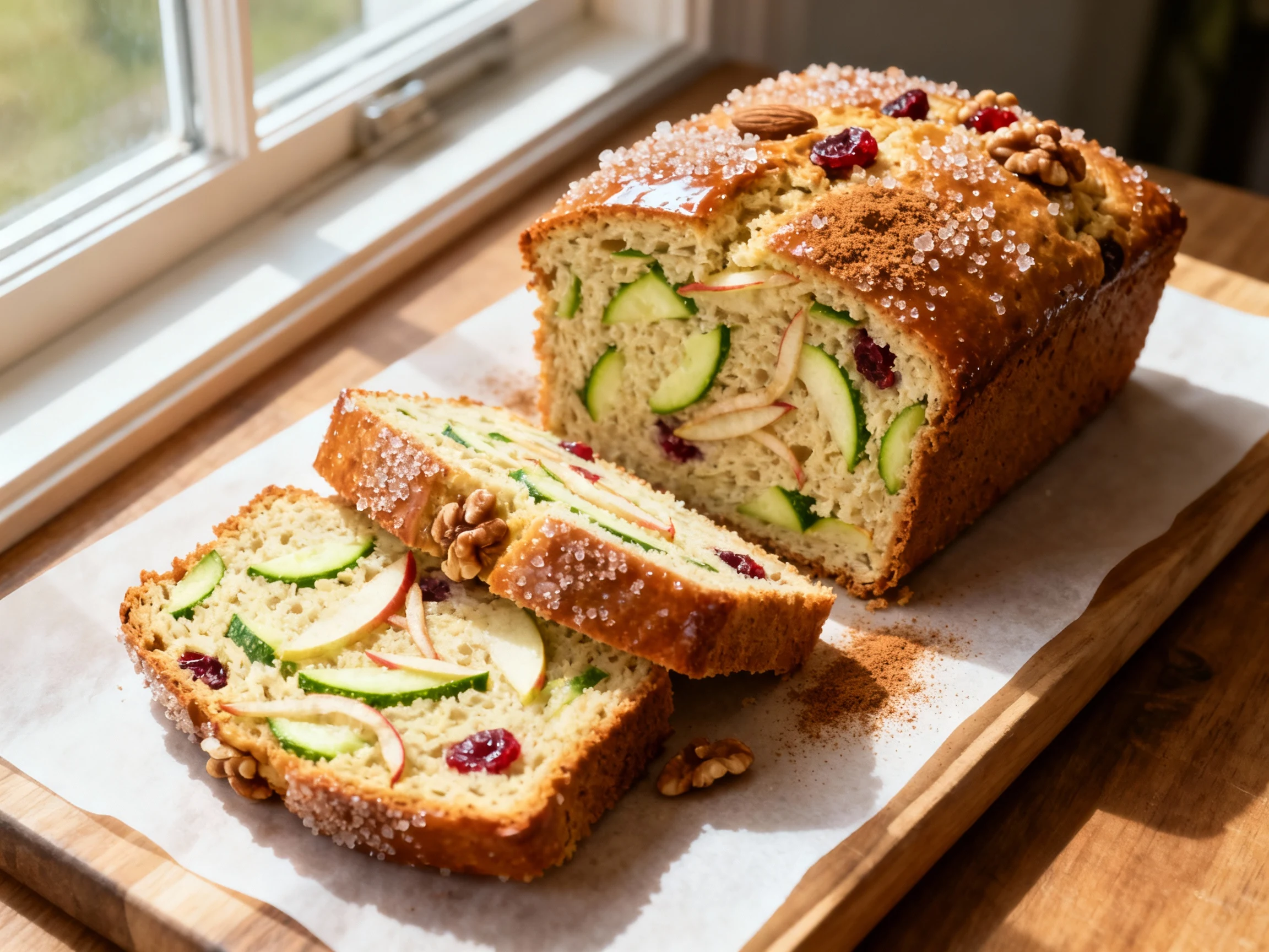 Food photography, Overhead shot of apple zucchini bread slices on a parchment-lined board, showcasing a moist, tender cr