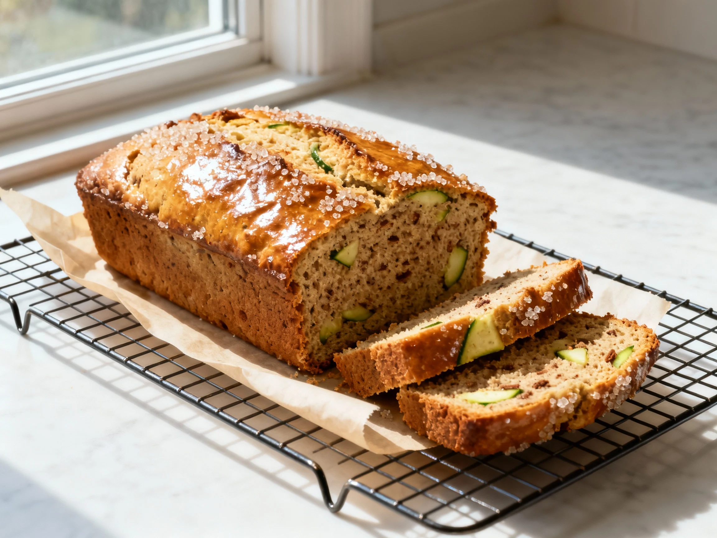 Food photography, Overhead shot of bakery-soft zucchini bread loaf cooling on a wire rack: golden, shiny crackly top wit