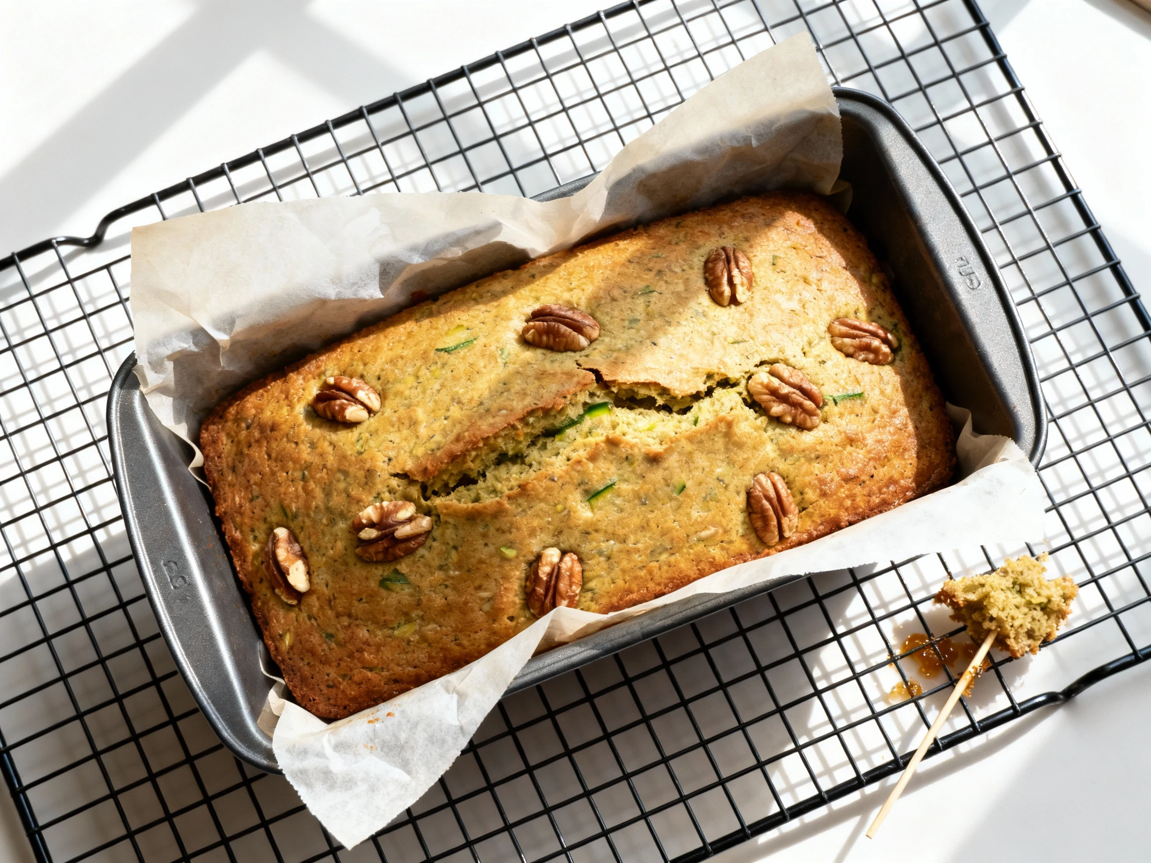 Food photography, Overhead shot of a freshly baked healthy zucchini bread loaf resting in a parchment-lined 9x5 pan on a