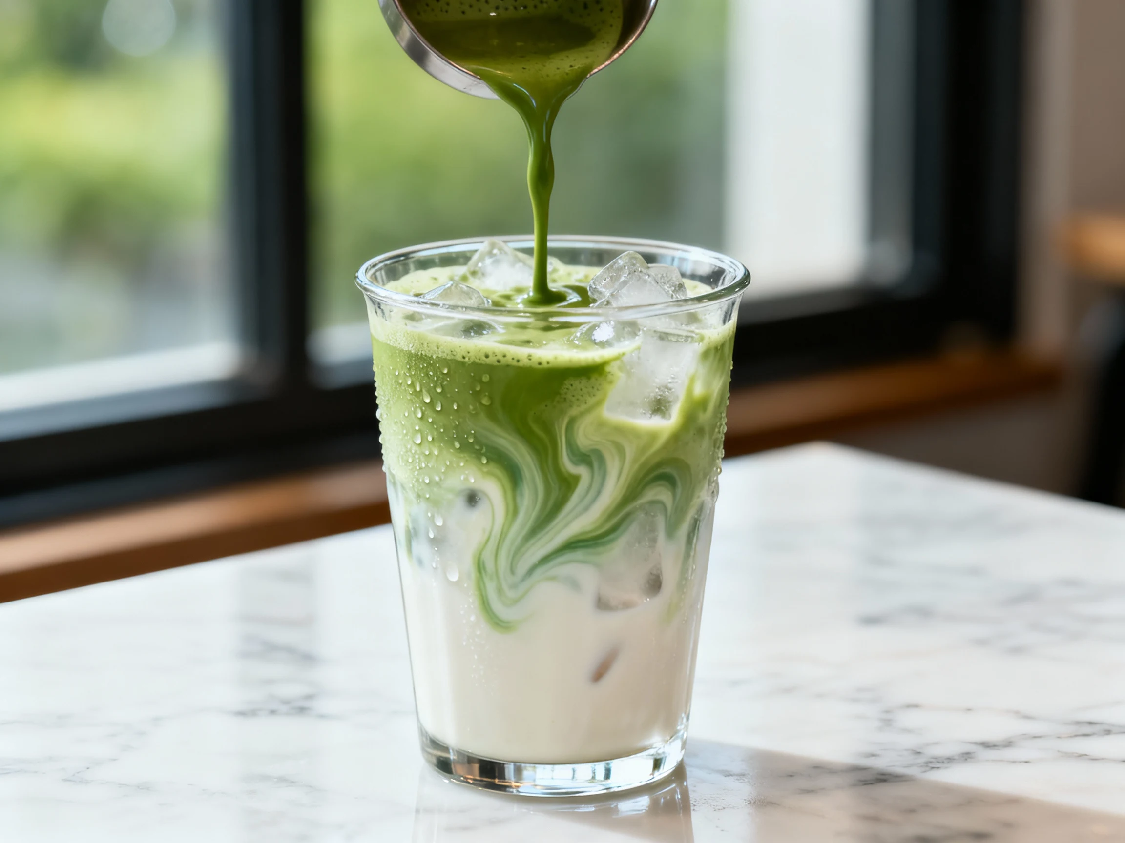 Food photography, Close-up process shot: Classic Iced Matcha Latte—sifted matcha whisked with 160–175°F water into a smo