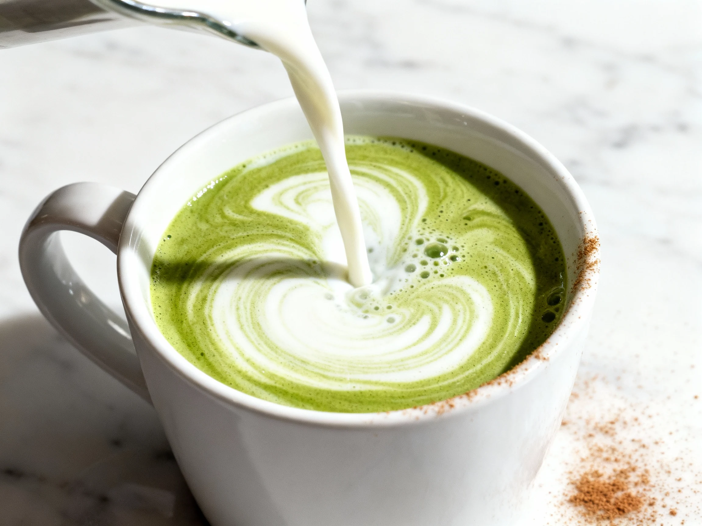 Food photography, 1. Close-up of hot matcha latte pour: stream of silky frothed oat milk cascading into a glossy matcha 